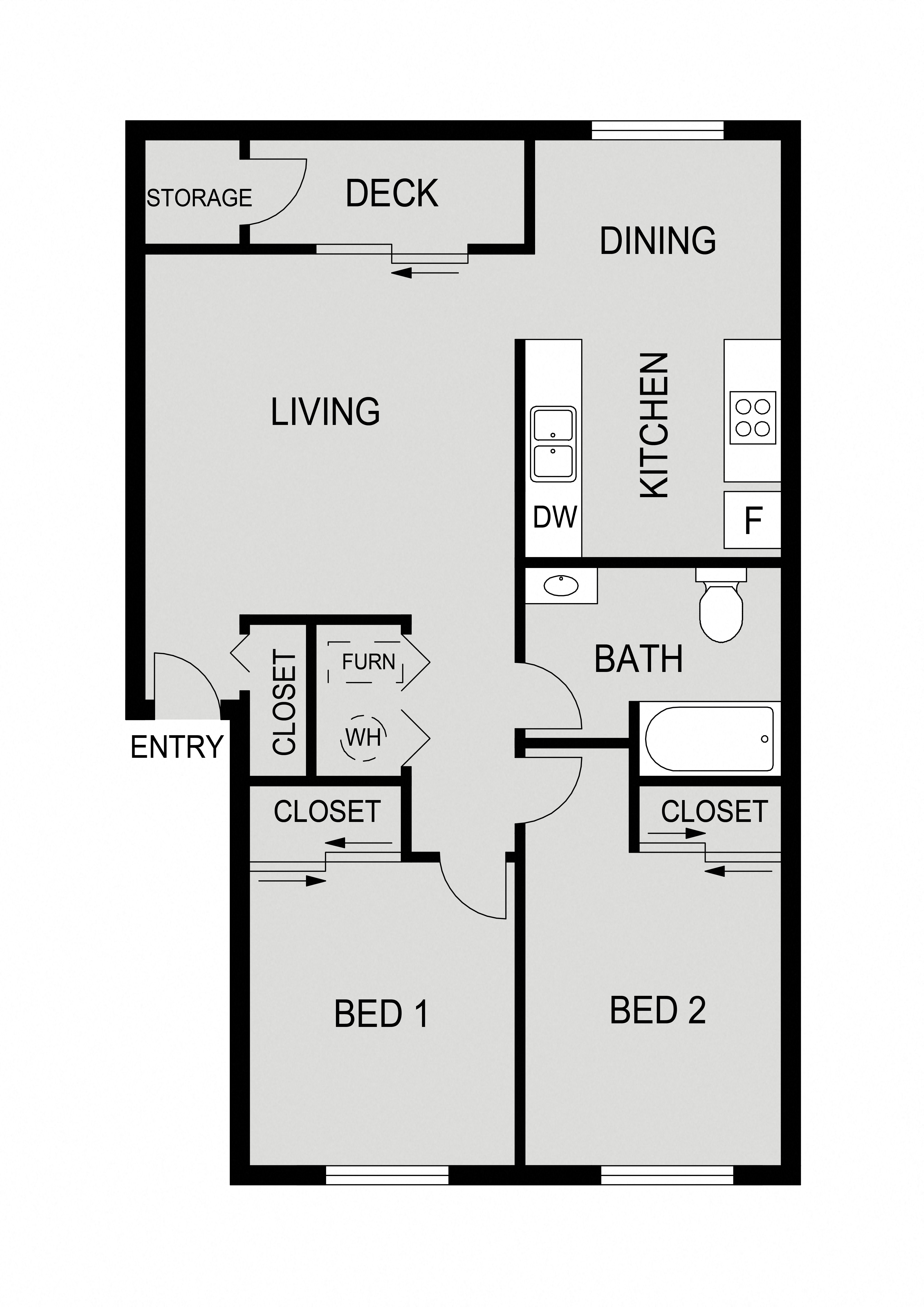 Floor plan for 2 beds, 1 bath, 804 sqft